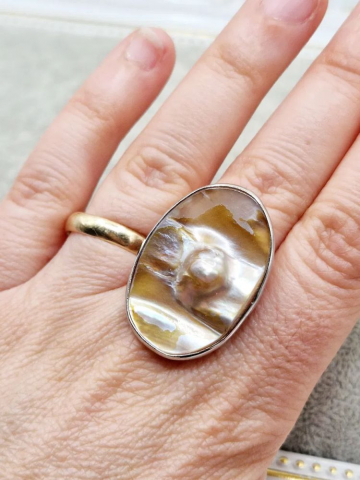 Inel reglabil oval, scoică cu perlă -1 buc [1]