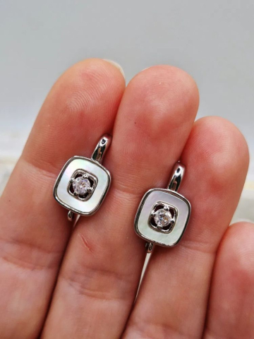 Aliaj argintiu inchis - Tortițe cercei argintii, sidef, cubic zirconia - 1 pereche