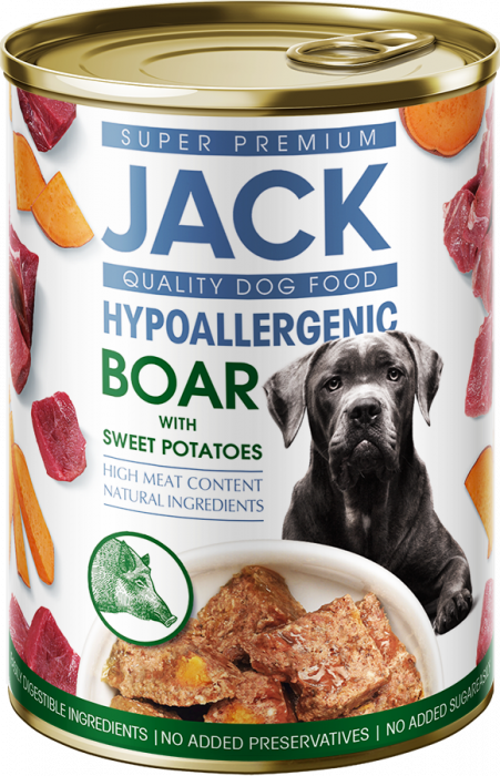 Mâncare Hipoalergică pentru câini JACK SUPER PREMIUM PATÉ cu Mistreț și Cartofi Dulci, 400g [1]
