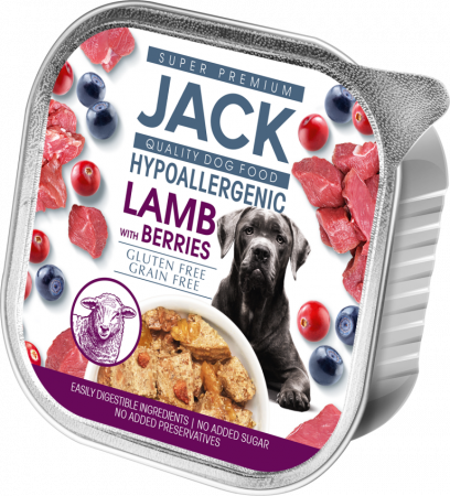 Hrana Caini - Mâncare Hipoalergică pentru câini JACK PREMIUM cu Miel și Fructe de Pădure, 150g