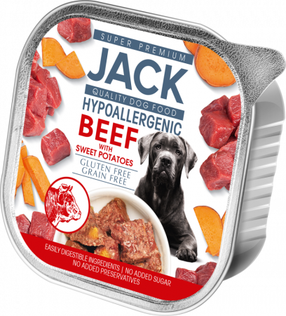 Hrana Caini - Mâncare Hipoalergică pentru câini, JACK PREMIUM cu Vită și Cartofi Dulci, 150g