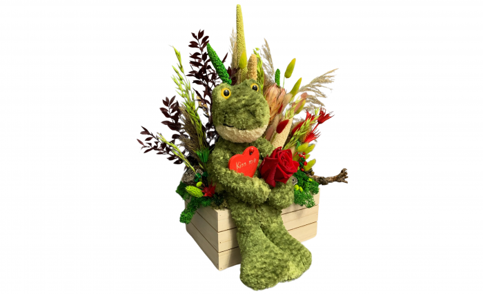 Aranjament Floral cu Broscuță și Trandafir Roșu - Cadou Jucăuș și Romantic [2]