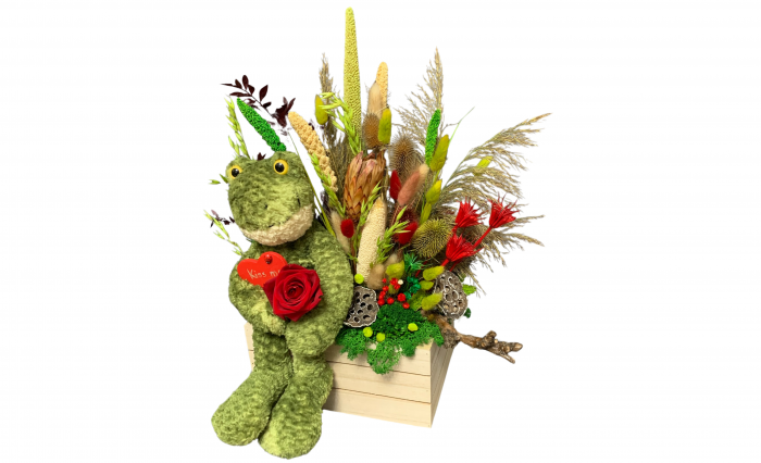 Aranjament Floral cu Broscuță și Trandafir Roșu - Cadou Jucăuș și Romantic [4]