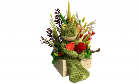 Aranjament Floral cu Broscuță și Trandafir Roșu - Cadou Jucăuș și Romantic [1]