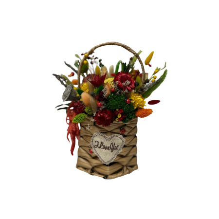 Aranjamente florale - Coșuleț decorativ handmade cu flori uscate și accente rustice