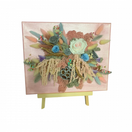 Tablou Handmade cu Licheni Stabilizați, Trandafiri Criogenați și Accente Pastelate
