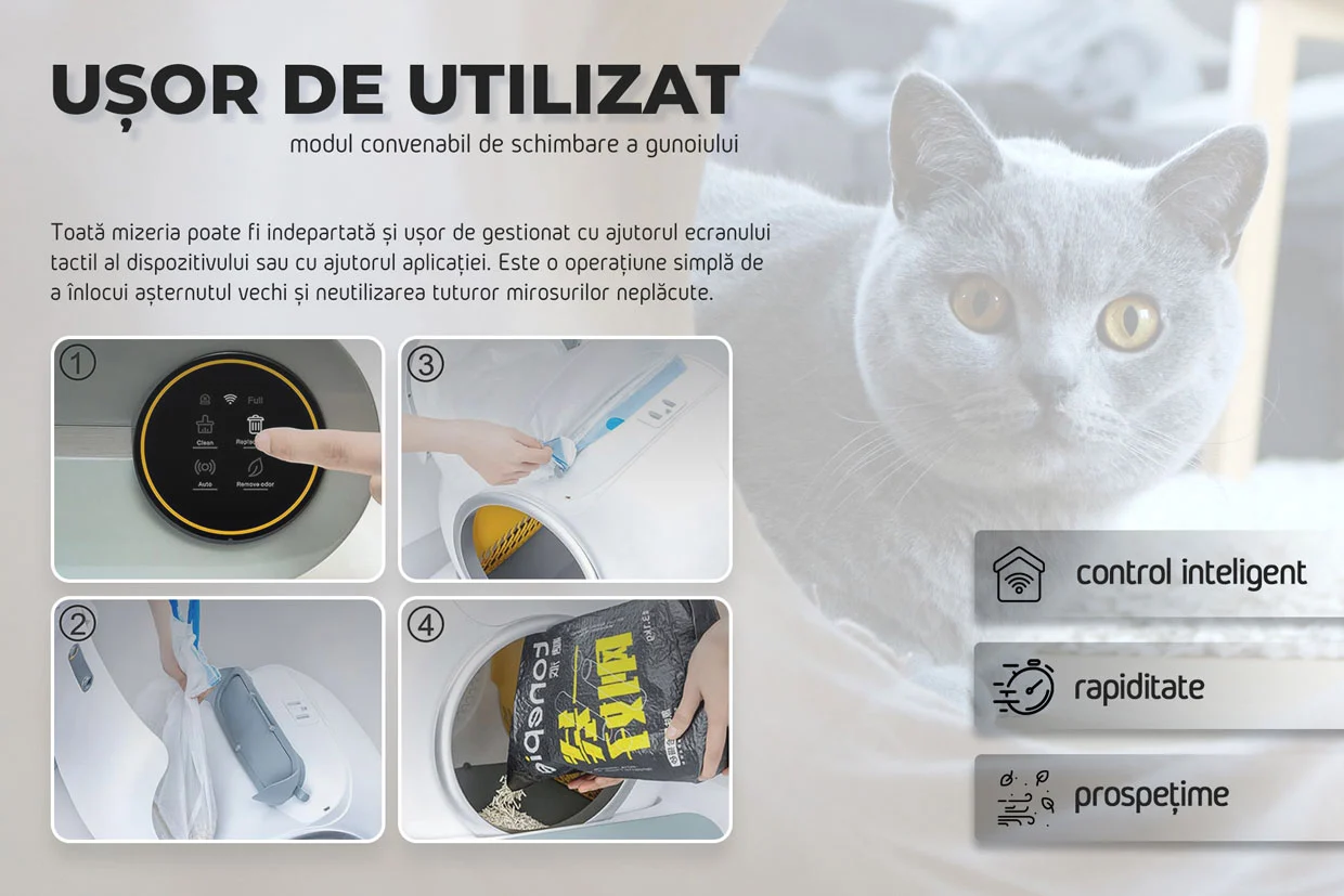 Litiera Automata Pentru Pisici Cu WiFi Si Aplicație, Autocurațare, 65L, 9L Colectare, Sterilizare Ionica, Smart Cat Litter V1 [4]