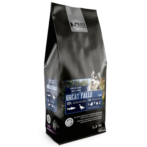 HRANA USCATA - Black Canyon Dog Great Falls Trout and Duck 1.5KG - (Pastrav si Rata)