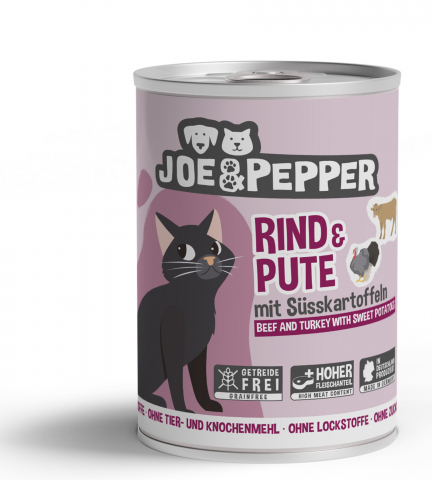 HRANA UMEDA - Joe & Pepper Cat Beef Turkey And Sweet Potatoes 400g (Carne de vită și curcan cu cartofi dulci)