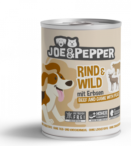 CAINI - Joe & Pepper Dog Beef and Game with Peas 400g (Carne de vită și vânat cu mazăre)