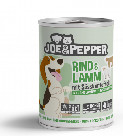 CAINI - Joe & Pepper Dog Beef and Lamb with Sweet Potatoes 400g (Carne de vită și miel cu cartofi dulci)