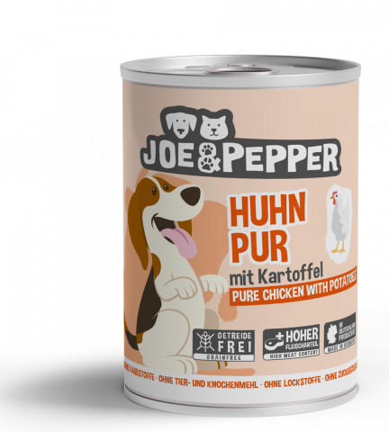 Conserve - Hrana umeda Super Premium pentru caini, cu carne pura de pui (95%) si cartofi - Joe & Pepper 400g