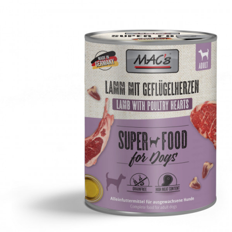 Conserve - MACs Dog Lamb with Poultry Hearts 800g ( Miel cu inimi de pasăre)