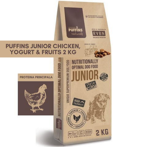 CAINI - Puffins Junior Chicken, Yoghurt & Fruits 2KG (Pui, Iaurt & Fructe) Hrana Uscata Caini