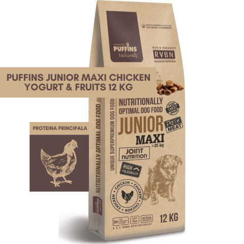CAINI - Puffins Junior MAXI Chicken, Yoghurt & Fruits 12KG (Pui, Iaurt & Fructe) Hrana Uscata Caini