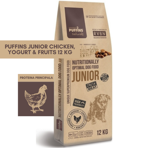 CAINI - Puffins Junior Chicken, Yoghurt & Fruits 12KG (Pui, Iaurt & Fructe) Hrana Premium Caini