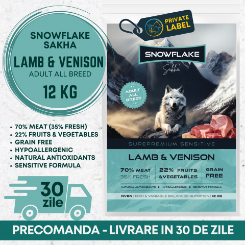 HRANA USCATA - Precomanda Snowflake Sakha LAMB & VENISON Adult All Breed / Miel & Caprioara 12 Kg
