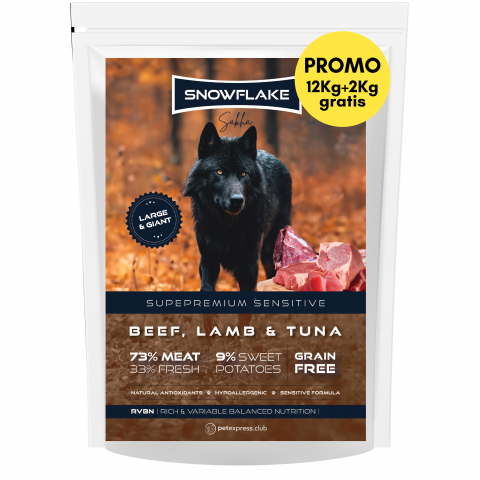 HRANA USCATA - Snowflake Sakha Beef, Lamb and Tuna Large & Giant Sensitive 12kg + 2kg