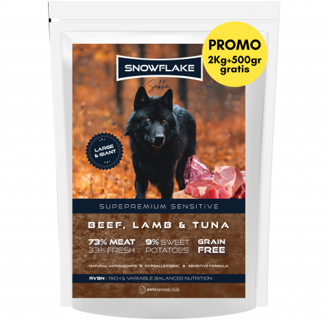 HRANA USCATA - Snowflake Sakha Beef, Lamb and Tuna Large & Giant Sensitive 2kg + 500g GRATIS