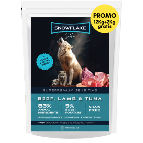 HRANA USCATA - Snowflake Sakha Beef, Lamb and Tuna Puppy & Adult Small Breed Sensitive 12kg + 2kg