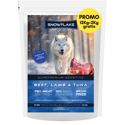 HRANA USCATA - Snowflake Sakha Beef Lamb Tuna and Sweet potatoes Sensitive adult ALL BREED 12kg + 2kg (GRATUIT)