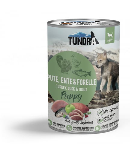 Conserve - Tundra Dog Puppy Turkey, Duck & Trout 400g (curcan, rață & păstrăv)