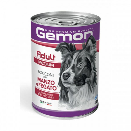 Hrană umedă câini - Gemon Chunks Adult Mediu - Hrana umeda completa - Vita si Ficat - 415g