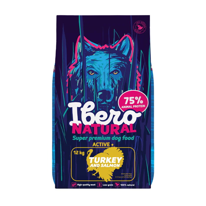 Talie Mica - Ibero Natural Superpremium Active Plus Curcan & Somon 12kg – Hrană uscată pentru câini activi