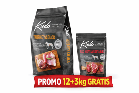 Talie Medie - Kudo Adult Mediu-Maxi - Hrana uscata, presata la rece - Curcan si Rata - 12kg+ 3kg GRATIS Kudo Carne roșie PROMO