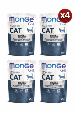 Hrana umeda pisici - Monge Grill Chunkies Sterilised Cat - Hrana umeda super-premium - Pastrav -  4x 85g