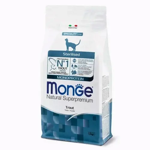 Hrana pisici - Monge Natural Superpremium Monoprotein Sterilised Cat - Pastrav - 1.5kg