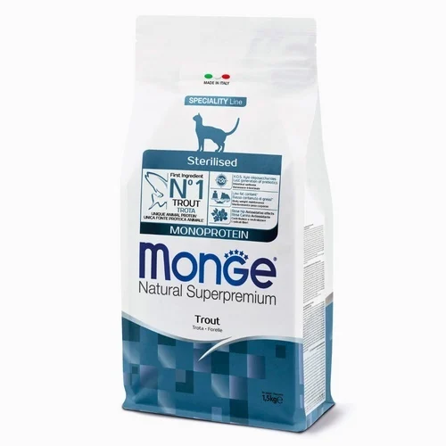 Hrana uscata - Monge Natural Superpremium Monoprotein Sterilised Cat - Pastrav - 1.5kg