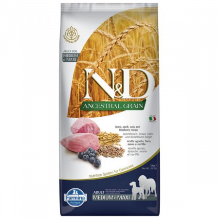 Adult - N&D Ancestral Grain Adult Medium si Maxi, Miel si Afine, 12 kg