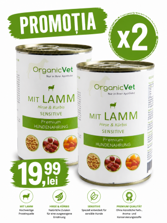 Hrană umedă câini - OrganicVet Sensitive - Miel, dovleac si mei - 400g