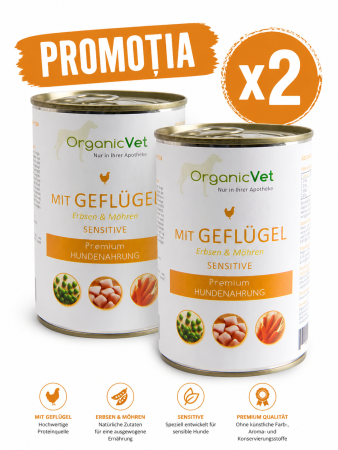 Hrană umedă câini - OrganicVet Sensitive – Pasari de curte, mazare si morcov – 2x400g