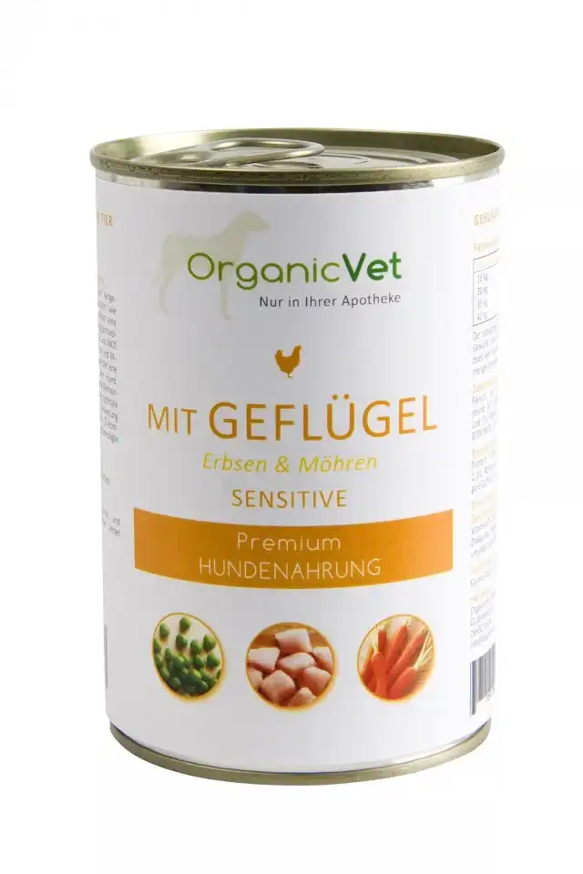 Hrană umedă câini - OrganicVet Sensitive – Pasari de curte, mazare si morcov – 400g