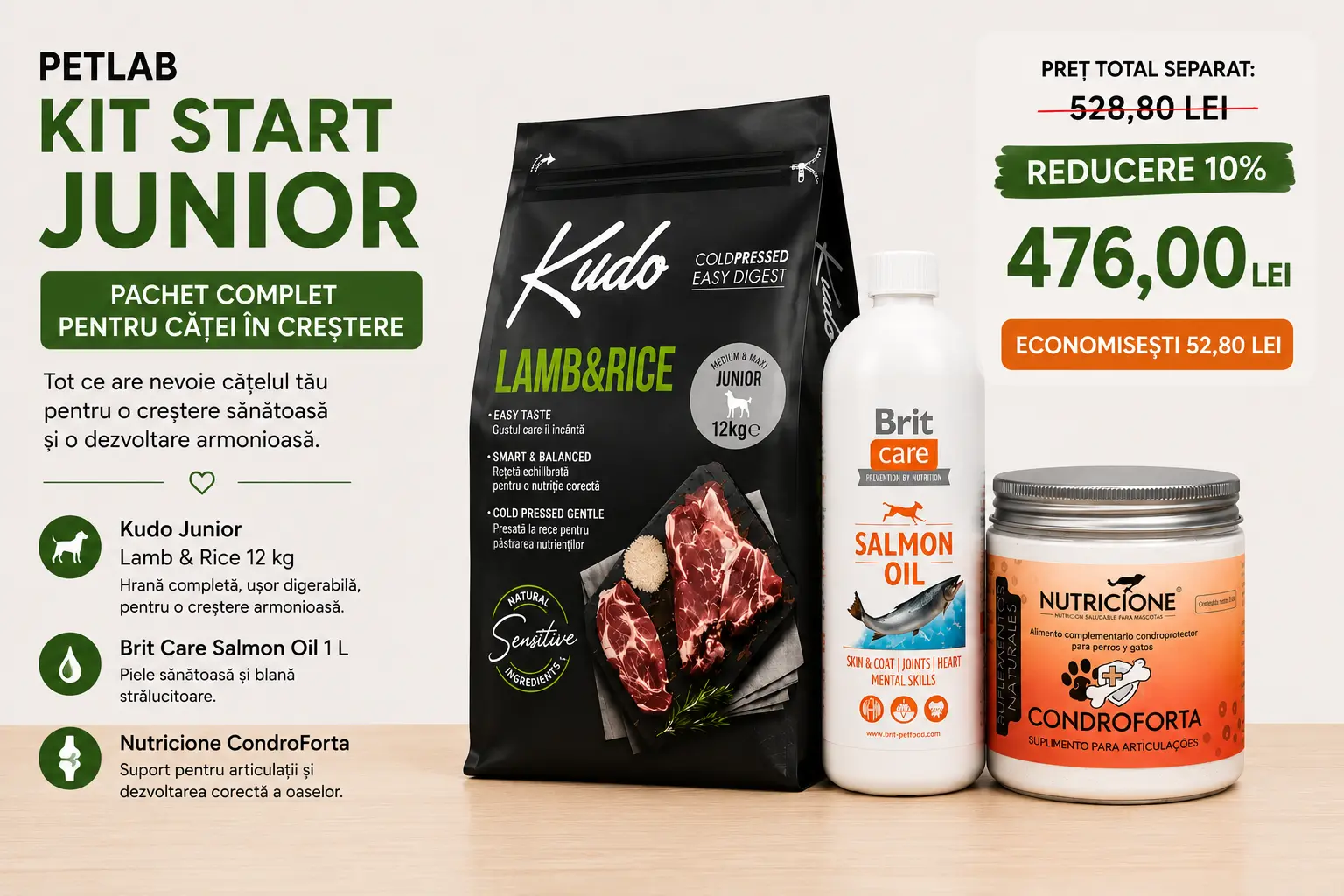 Talie Mica - Petlab Kit Start Junior Kudo – Pachet complet pentru căței în creștere