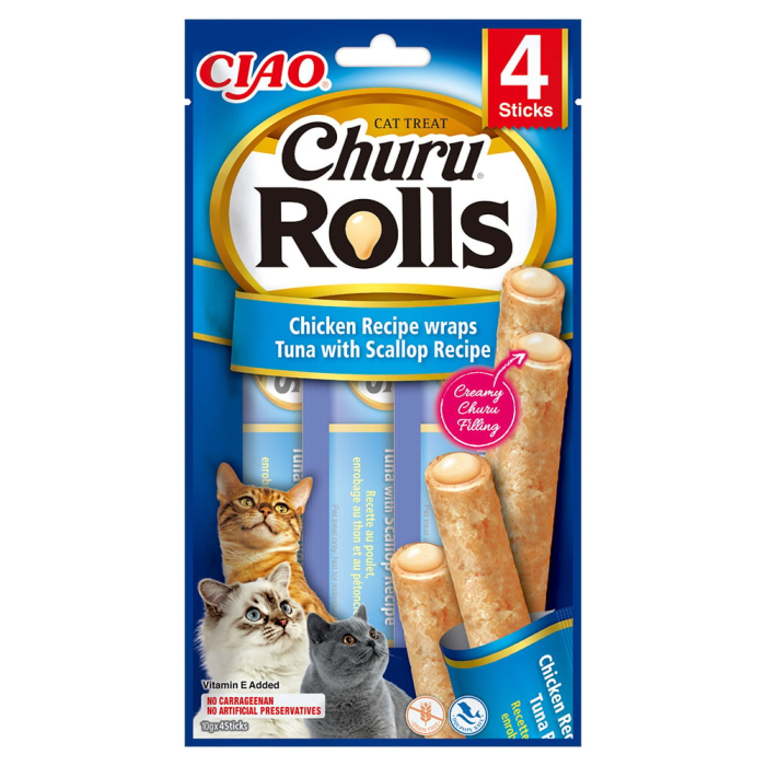 Recompense pentru Pisică Adult, CHURU Rolls, Pui, Ton și Scoici, 3x10g [1]