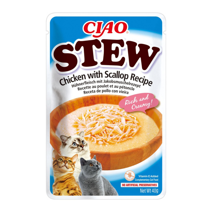 Recompense pentru Pisică Adult, CHURU Ciao Stew, Pui și Scoici, 40g [1]