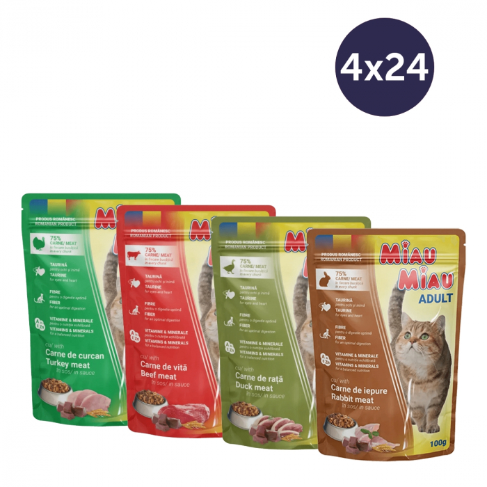 COMBOPACK MIAU MIAU, Hrană Umedă Pisică Adult, Curcan, Vită, Rață și Iepure, 96x100g [1]
