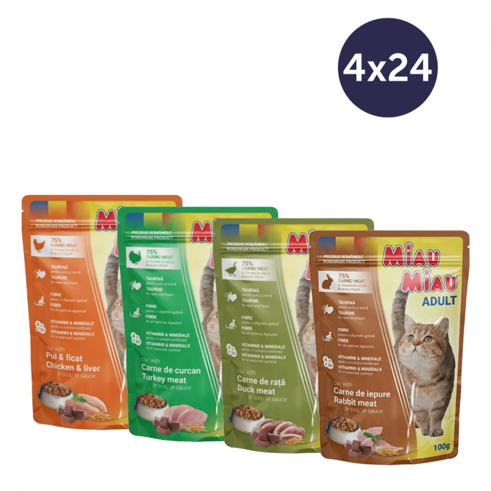 COMBOPACK MIAU MIAU, Hrană Umedă Pisică Adult, Pui, Curcan, Rață și Iepure, 96x100g [1]