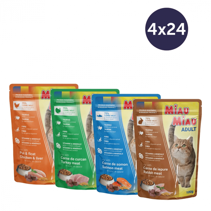 COMBOPACK MIAU MIAU, Hrană Umedă Pisică Adult, Pui, Curcan, Somon și Iepure, 96x100g [1]