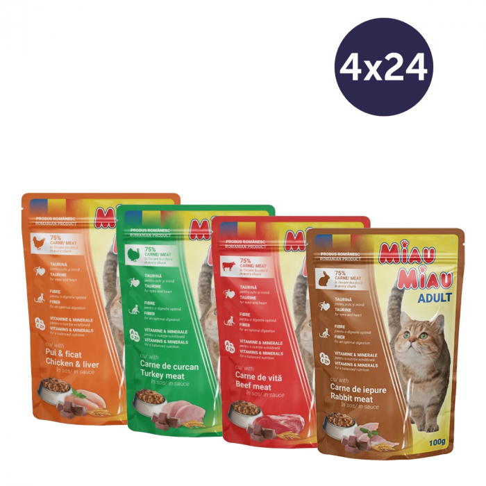 COMBOPACK MIAU MIAU, Hrană Umedă Pisică Adult, Pui, Curcan, Vită și Iepure, 96x100g [1]