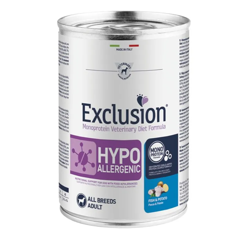 Dietă Veterinară, Hrană Umedă Câine, EXCLUSION Hypoallergenic, Toate Rasele, Pește și Cartofi, 400g [1]