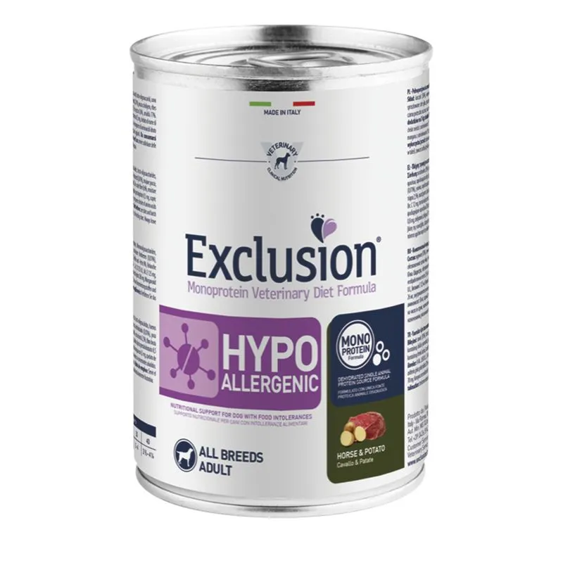 Dietă Veterinară, Hrană Umedă Câine Adult, EXCLUSION Hypoallergenic, Toate Rasele, Cal și Cartofi, 400g [1]