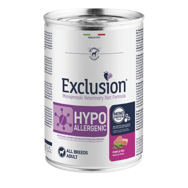 Dietă Veterinară, Hrană Umedă Câine Adult, EXCLUSION Hypoallergenic, Toate Rasele, Porc și Mazăre, 400g [1]