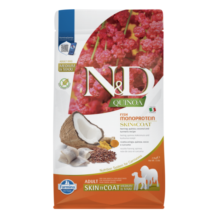 Hrană Uscată Câine Adult, N&D Quinoa Piele și Blană, Talie Medie/Mare, Hering și Cocos, 2.5kg [1]