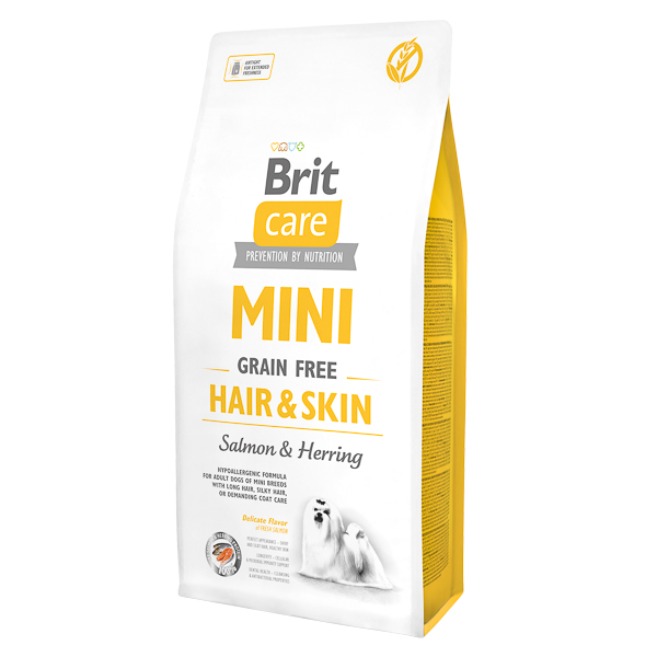 Hrana Uscata Caini BRIT CARE Mini Grain Free Hair Skin Salmon Herring 7 Kg (Termen Redus - 19.12.2023)