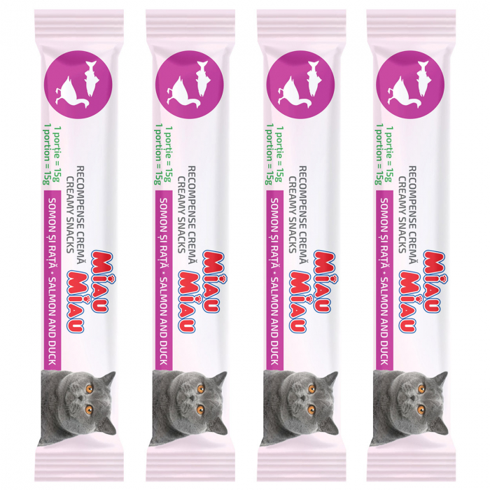 Recompense Cremoase Pisică Adult, MIAU MIAU Creamy Snacks, Somon și Rață, 4x15g [2]