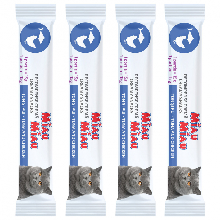 Recompense Cremoase Pisică Adult, MIAU MIAU Creamy Snacks, Ton și Pui, 4x15g [2]